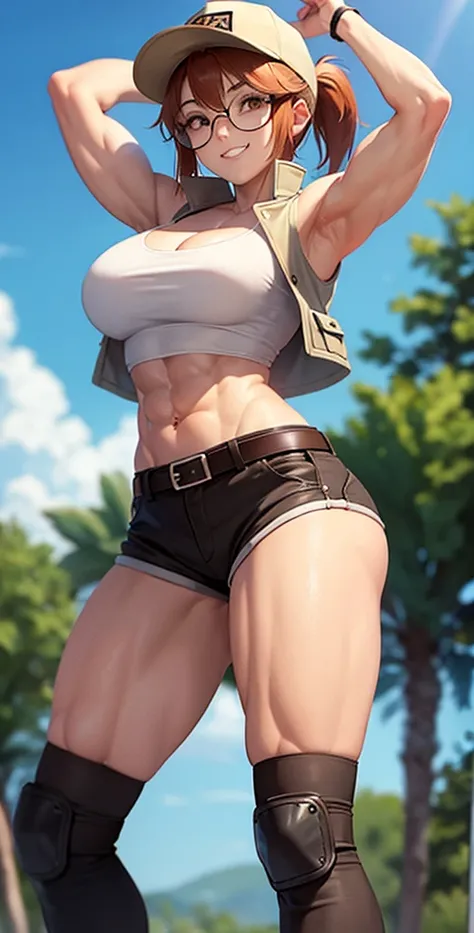 masterpiece, best quality, outdoors, grass, 
fiodef, 1girl, solo, looking at viewer, wariza, arm support, orange hair, hat, baseball cap, crop top, shorts, midriff, vest, navel, belt, short shorts, tank top, cleavage, brown shorts, abs, muscular, smug, mus...