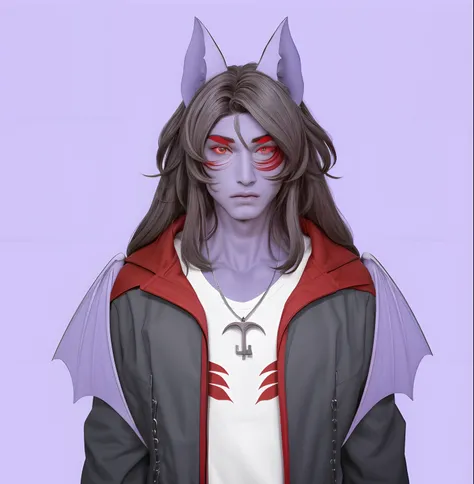 homem adulto de pele completamente roxa, He has six red sclera eyes and gray irises Long hair, orelhas de morcego, gray and red coat, a white shirt, a key with bat wings hanging around his neck, humanoide Fursona, hybrid human / antro