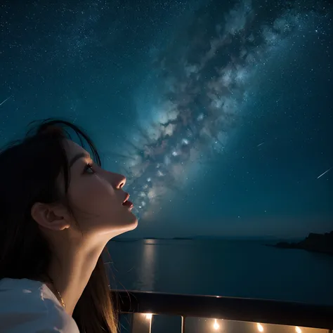 Looking up at the stars，Beautuful Women，the night，outerspace，the sea