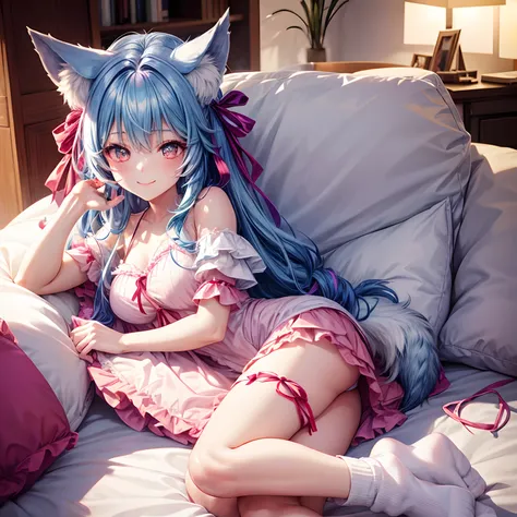 Beautiful girl with colorful hair，Wolf ears,She is an angel.、Its Yandere，A smile，​masterpiece，超A high resolution，，Revealing loungewear with ribbon，Beautiful Beautiful Girl，Perfect Beautiful Girl，Excellent style，Loose socks，