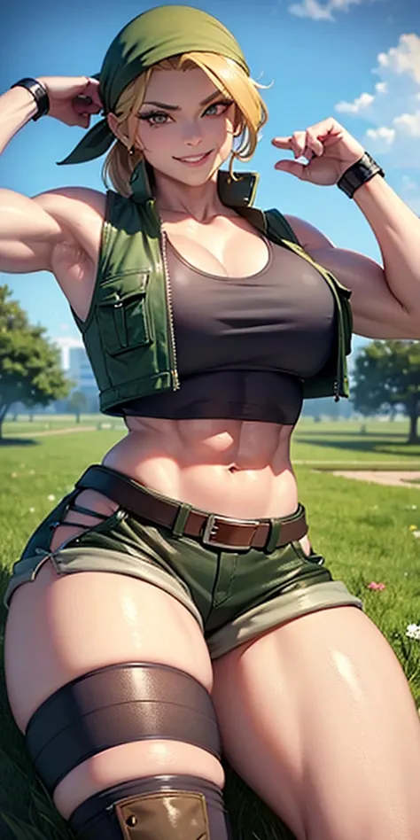 masterpiece, best quality, outdoors, on grass, grass,
cosmieyes, reflection, brown eyes, colored eyelashes, eyelashes,
eridef, 1girl, solo, looking at viewer, blonde hair, vest, bandana, breasts, shorts, navel, midriff, crop top, belt, short shorts, hat, k...