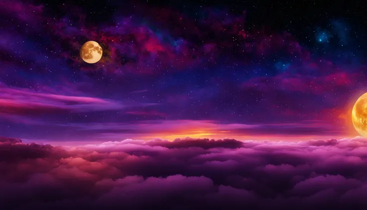 Vast landscape photo, (viewed from below, the sky is above and the open field is below), a girl standing on a flower field looking up, (full moon: 1.2), (meteor: 0.9), (nebula: 1.3), distant mountains , Trees BREAK Crafting Art, (Warm Light: 1.2), (Firefli...