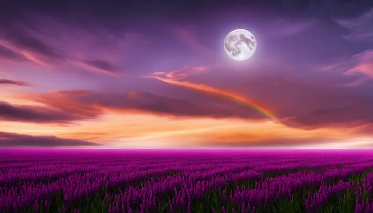 Vast landscape photo, (viewed from below, the sky is above and the open field is below), a girl standing on a flower field looking up, (full moon: 1.2), (meteor: 0.9), (nebula: 1.3), distant mountains , Trees BREAK Crafting Art, (Warm Light: 1.2), (Firefli...