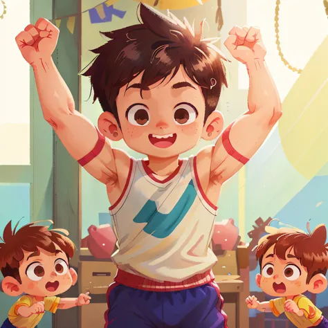 Gym background、Boy in training、perfectquality、Clear focus (Clutter-Home:0.8)、(​masterpiece:1.2) (realisitic:1.2) (bokeh dof) (top-quality) (detailed skins:1.3) (intricate-detail) (8K) (Eye of Detail) (foco nítido), (Happiness)