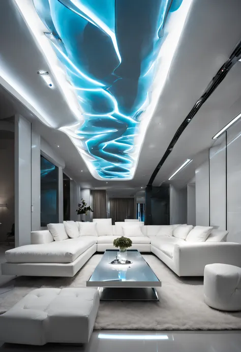 arafed ceiling with a glass panel and a white couch, futuristic dramatic lighting, futuristic looking living room, futuristic in...