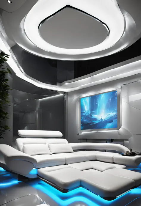 arafed ceiling with a glass panel and a white couch, futuristic dramatic lighting, futuristic looking living room, futuristic in...