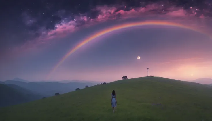 vast landscape photo, (viewed from below, the sky is above and the open field is below), a girl standing on a flower field looki...