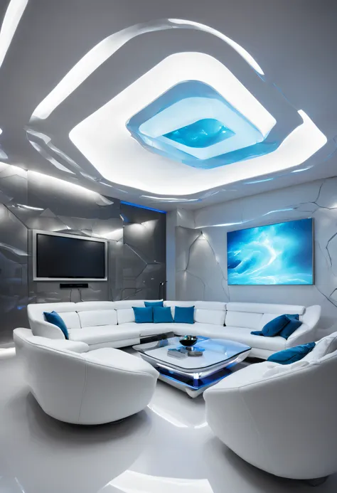 arafed ceiling with a glass panel and a white couch, futuristic dramatic lighting, futuristic looking living room, futuristic in...