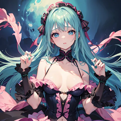 finest image, (8k, RAW photo, realistic), amorous expression, lewd expression, pink eyeshadow, cute girl, blue shining big eyes, dark green hime cut, flat chest, slender, red big thick lips, flamenco costume, portrait