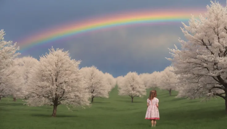 vasta foto de paisagem, (vista de baixo, the sky is above and the open field is below), a little girl standing in a field of che...