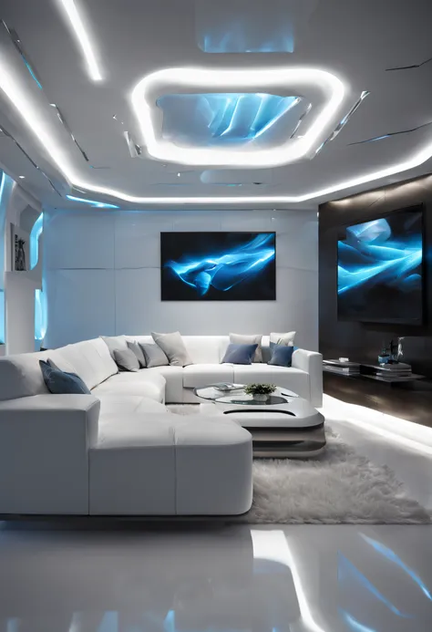 arafed ceiling with a glass panel and a white couch, futuristic dramatic lighting, futuristic looking living room, futuristic in...