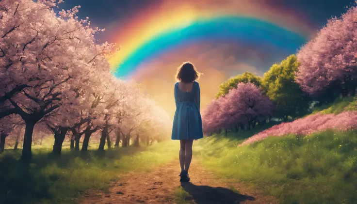 Vasta foto de paisagem, (vista de baixo, The sky is above and the open field is below), A 30-year-old girl standing in a field of cherry blossoms looking up, (lua cheia: 1.2), (raios: 0.9), (nebulosa: 1.3), montanhas distantes, Árvores BREAK Crafting Art, ...