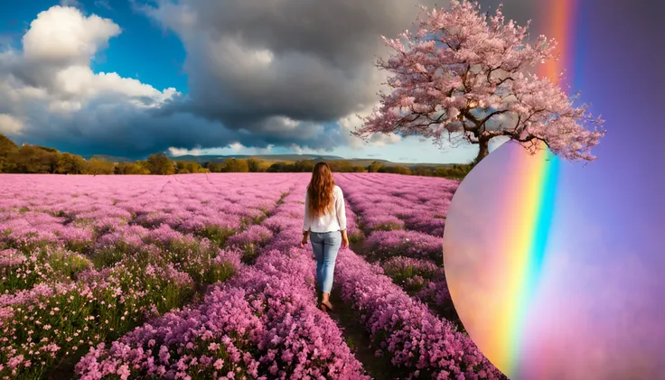 vasta foto de paisagem, (vista de baixo, the sky is above and the open field is below), a 30-year-old girl standing in a field o...