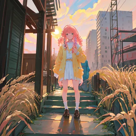 great outdoors、the setting sun、gals、独奏、a blond、Curly hair、Excellent style、JK、Pink accents in hair、Colorful Accessories、I have a smartphone、student clothes、She wears a cardigan around her waist、Loose Socks、Leather shoes、Wheat muscle、Straight face