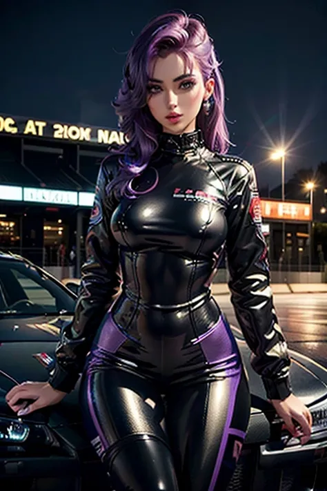 a girl wearing a pilot suit ,race queen,, racetrack at night, neon lights , spotlights, blushing face , dark and purple hair, ey...