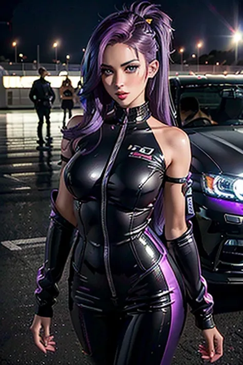 a girl wearing a pilot suit ,race queen,, racetrack at night, neon lights , spotlights, blushing face , dark and purple hair, ey...