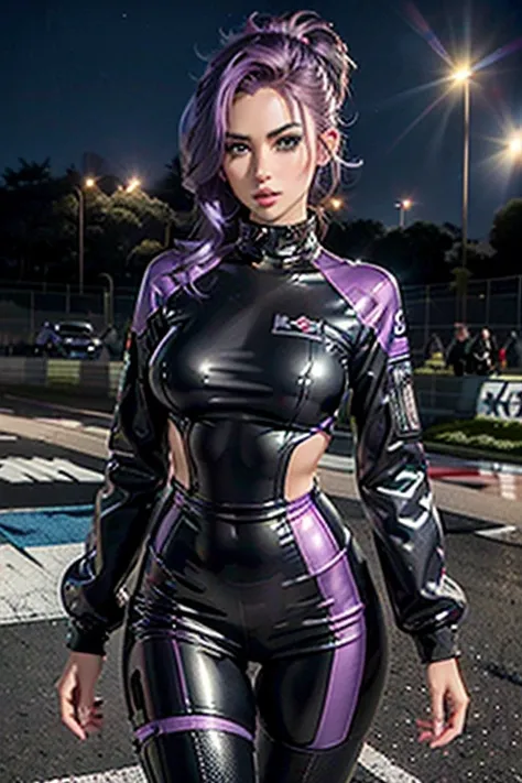 a girl wearing a pilot suit ,race queen,, racetrack at night, neon lights , spotlights, blushing face , dark and purple hair, ey...