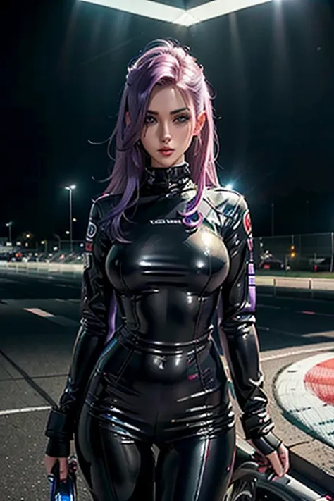 a girl wearing a pilot suit ,race queen,, racetrack at night, neon lights , spotlights, blushing face , dark and purple hair, ey...