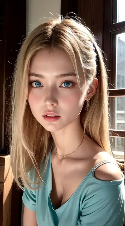 Une femme aux cheveux raides blonds super longs et soyeux et aux yeux bleus prend des photos, magnifique jeune mannequin, Portrait Sophie Mudd, beautiful female model, Mignonne jeune femme, Very nice bangs、A light that shines on luminous cheeks、Very beauti...