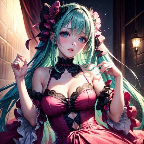 finest image, (8k, RAW photo, realistic), amorous expression, lewd expression, pink eyeshadow, cute girl, blue shining big eyes, dark green hime cut, slender, red big thick lips, flamenco costume, portrait