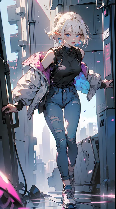 ((1elf girl), (beauty elf girl), (ultra-high picture quality), masterpieces, Shes dressed in a trendy techwear outfit, perhaps a stylish jacket and jeans, with comfortable sneakers. She stands casually in a city park, with the sun gently rising, casting so...