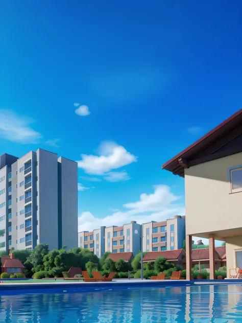 A swimming pool in the foreground with house and buildings in the background on a sunny day, 3d disney pixar, imagem de alta qualidade