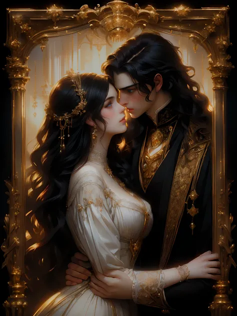 ((masterpieces)), best quality, exceptional illustration, a couple kissing, soft focus, 1 boy with short black hair, BLUE EYES, 1 girl with long wavy red hair, GOLDEN YELLOW EYES, Victorian clothing, Victorian romanticism, opulent and exquisite atmosphere,...