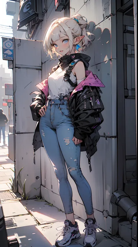 ((1elf girl), (beauty elf girl), (ultra-high picture quality), masterpieces, Shes dressed in a trendy techwear outfit, perhaps a stylish jacket and jeans, with comfortable sneakers. She stands casually in a city park, with the sun gently rising, casting so...