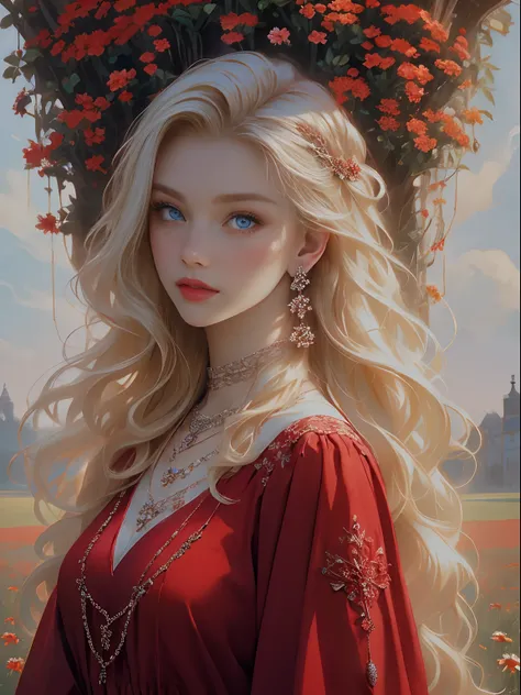 1 girl lies,  in a field of flowers, Red dress, flor branca,  Earrings, view the viewer, Blue eyes, Red ribbon, necklace, Long sleeves, Blonde hair, Short hair, Daisies