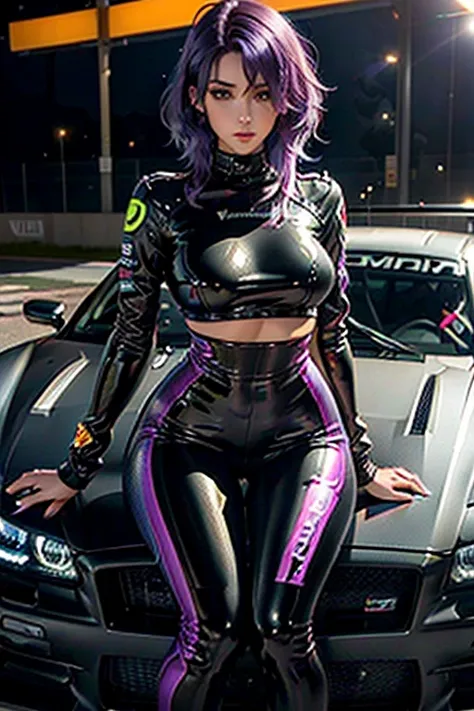 A girl leans on a car , Race pilot, Race driver, FullBody suit, Racetrack at Night, Neon lights , Spotlights, blushing face , Dark and purple hair, Eye Shadow,,Dark lips, Shiny Hair (Best quality:1.1), (Masterpiece:1.4), 1fille, (cheveux volumineux)+ , ((c...