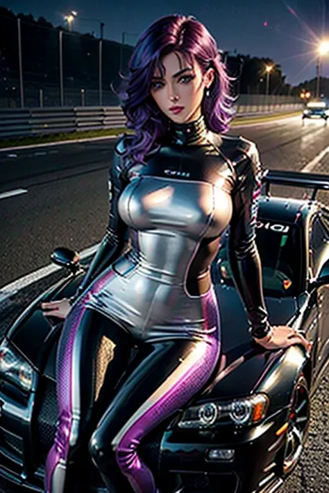 A girl leans on a car , Race pilot, Race driver, FullBody suit, Racetrack at Night, Neon lights , Spotlights, blushing face , Dark and purple hair, Eye Shadow,,Dark lips, Shiny Hair (Best quality:1.1), (Masterpiece:1.4), 1fille, (cheveux volumineux)+ , ((c...