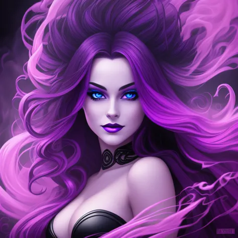 Noir painting of young beautiful enchantress, long purple hair, lush purple lips, evil, villainess, smiling, black prom dress, she is coming to you, up close, bright blue eyes, surrounded by swirling pink smoke, real, high detail, best quality