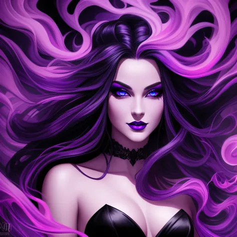 Noir painting of young beautiful enchantress, long purple hair, lush purple lips, evil, villainess, smiling, black prom dress, she is coming to you, up close, bright blue eyes, surrounded by swirling pink smoke, real, high detail, best quality