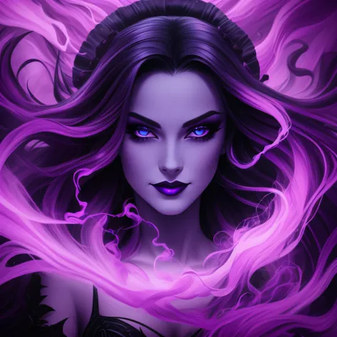 Noir painting of young beautiful enchantress, long purple hair, lush purple lips, evil, villainess, smiling, black prom dress, she is coming to you, up close, bright blue eyes, surrounded by swirling pink smoke, real, high detail, best quality