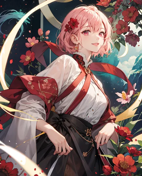 ​masterpiece、top-quality、超A high resolution、2D beautiful girl、animesque、teens girl、Peachy Hair、short-haired、Looks like a red flower dragon、Beautiful pink eyes、The clothes are also depicted in detail、Eyes are depicted in detail、The face is depicted in detai...