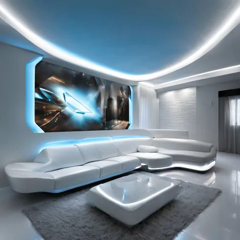 arafed ceiling with a glass panel and a white couch, futuristic dramatic lighting, futuristic looking living room, futuristic in...