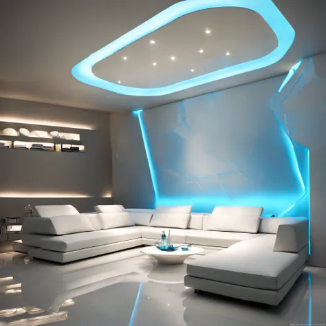 arafed ceiling with a glass panel and a white couch, futuristic dramatic lighting, futuristic looking living room, futuristic in...