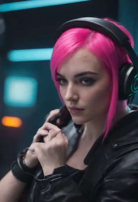 nicole, edgy cyberpunk, neon, segurando arma, pink hair, hacker style, dj headset