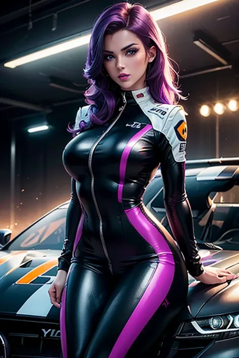 A girl leans on a car , Race pilot, Race driver, Race Fireproof suit, Racetrack at Night, Neon lights , Spotlights, blushing face , Dark and purple hair, Eye Shadow,,Dark lips, Shiny Hair (Best quality:1.1), (Masterpiece:1.4), 1fille, (cheveux volumineux)+...