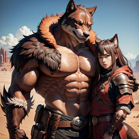 超A high resolution、An ultra-high picture quality、8K、Detailed details、marvelous expression、1 male、The big wolf monster is your sidekick、Monster Hunter Character Costumes、Has a big ax、Vast desert background、