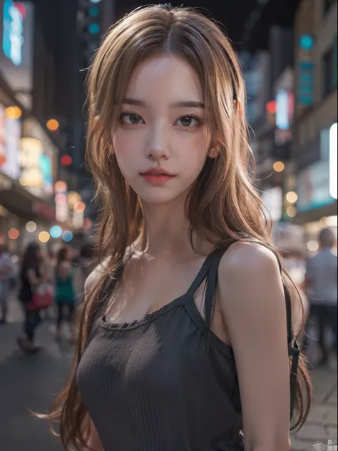 tmasterpiece、High-quality audience、A BEAUTIFUL JPNIODL MODEL、beatiful brown hair、A detailed eye、Camisole shirt、skirt by the、twilight cityscape、8K high resolution、Instant pose、细致背景、 Tindall effect、Light scattering、Light refraction、Contre-Jour、Drawing with e...