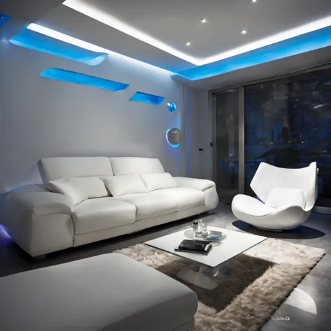 arafed ceiling with a glass panel and a white couch, futuristic dramatic lighting, futuristic looking living room, futuristic in...