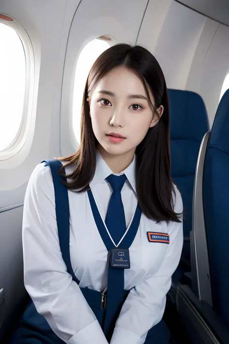 Top Quality, Masterpiece, 8K, Ultra High Definition, (Photorealistic: 1.4), 1 Girl, Beautiful Face, Symmetrical Eyes, Big, Perfect Body Proportions, Stewardess Uniform, Viewers Look, (Inside the Airplane: 1.2), Front View, Shoulder Jump, Absolute Area (1.3...