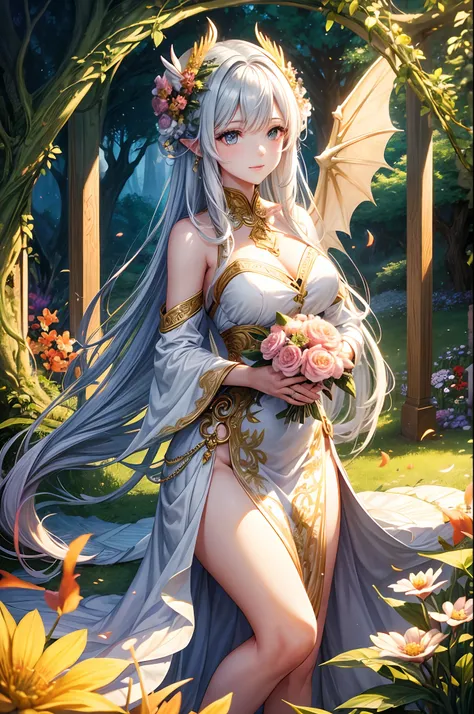 "Create an enchanting image featuring a woman adorned with the wings of a nature-themed dragon. Picture her in an ethereal ensemble — a flowing dress adorned with vibrant floral patterns, reflecting the essence of the natural world. The dragon wings, intri...