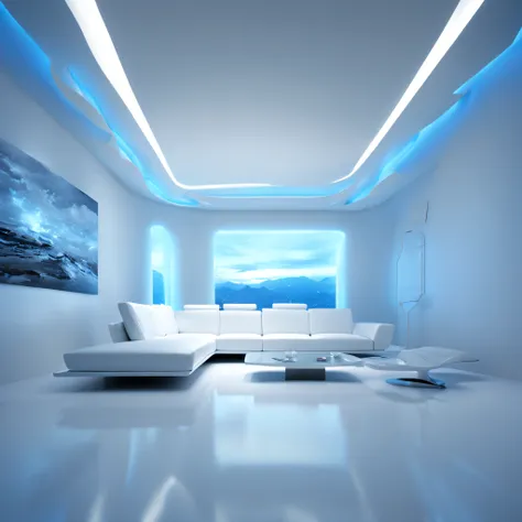 arafed ceiling with a glass panel and a white couch, futuristic dramatic lighting, futuristic looking living room, futuristic in...