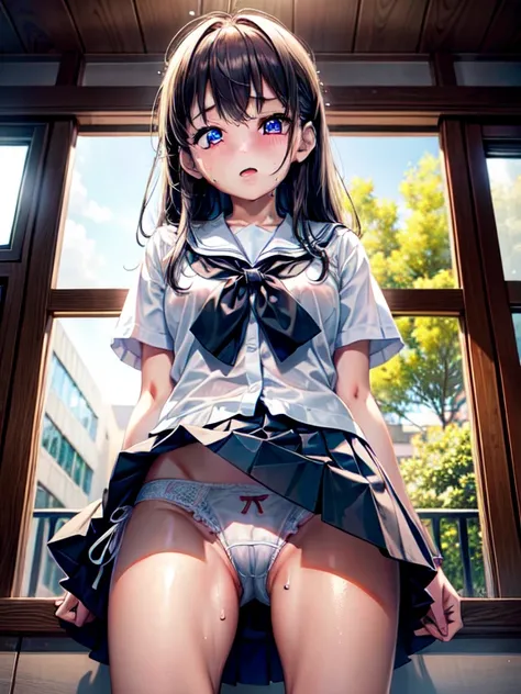 A high resolution, top-quality, tmasterpiece, hyper qualit, The ultra-detailliert,  lighting like a movie、Schoolgirl lifts her skirt、Small panties、School classrooms、Eyes looking from below、Flushed face、full of sweat、There is a white liquid leaking from the...