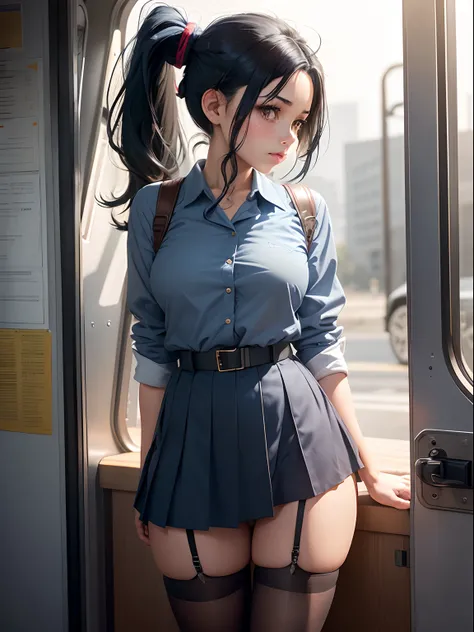 1girl in, Solo, Laura S. Alceid (long dark blue hair, Ponytail and side van, small tit), (Inspired by the trail of cold steel) In a school dress showing off her panties, In military schools, embarrassed