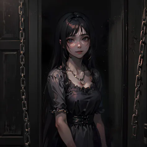 Silent Hill 4, painting in the style of Hammershøi, (door blocked by chains: 1.2), anime maiden girl in Victorian black dress, dimly lit room, (creepy image: 1.3), detailed and beautiful features, pull Twitching smile, character shallow focus, (nightmarish...