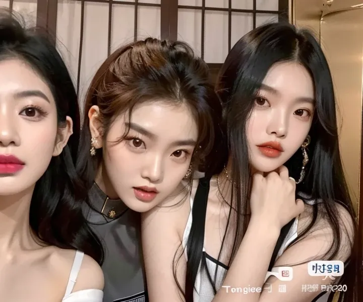 Three Asian Women Posing for a Photo in a Photo Booth, rosa negro, Cai Xukun, ulzzang, , JIA, maquillaje popular de Corea del Sur, 8k)), con negro, , Blackpink Jennie, tomada en 2 0 2 0, 8k selfie photograph, Yanjun Chengt