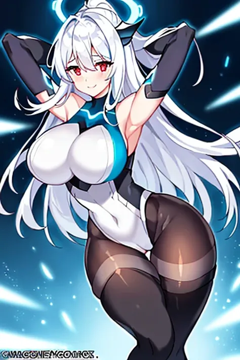 1girl, white hair, large breasts, breasts, thick thighs, wide hips, red eyes, bodysuit, black bodysuit, pantyhose, long hair, light smile, happy, science-fiction, tech, futuristic, black pantyhose, thighhighs, neon, machinery, hair ornament, ornament, neon...